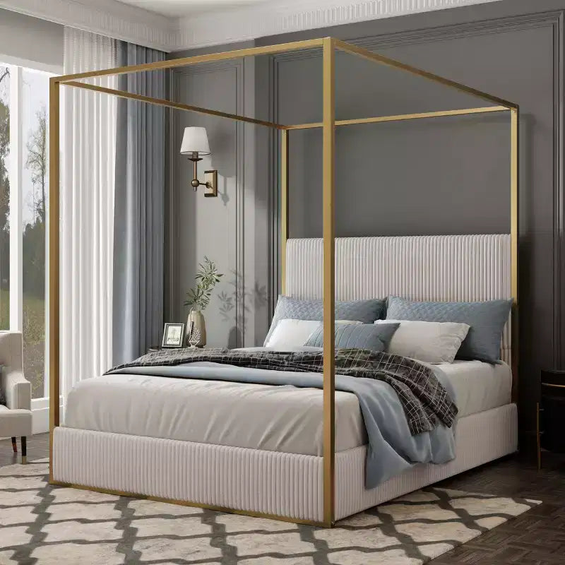 Letto a baldacchino Queen/King Size in Metallo, con testiera alta imbottita in velluto a coste, Beige+Oro/Nero+Bianco-ModernLuxe