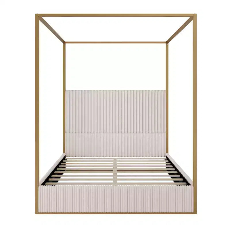 Letto a baldacchino Queen/King Size in Metallo, con testiera alta imbottita in velluto a coste, Beige+Oro/Nero+Bianco-ModernLuxe