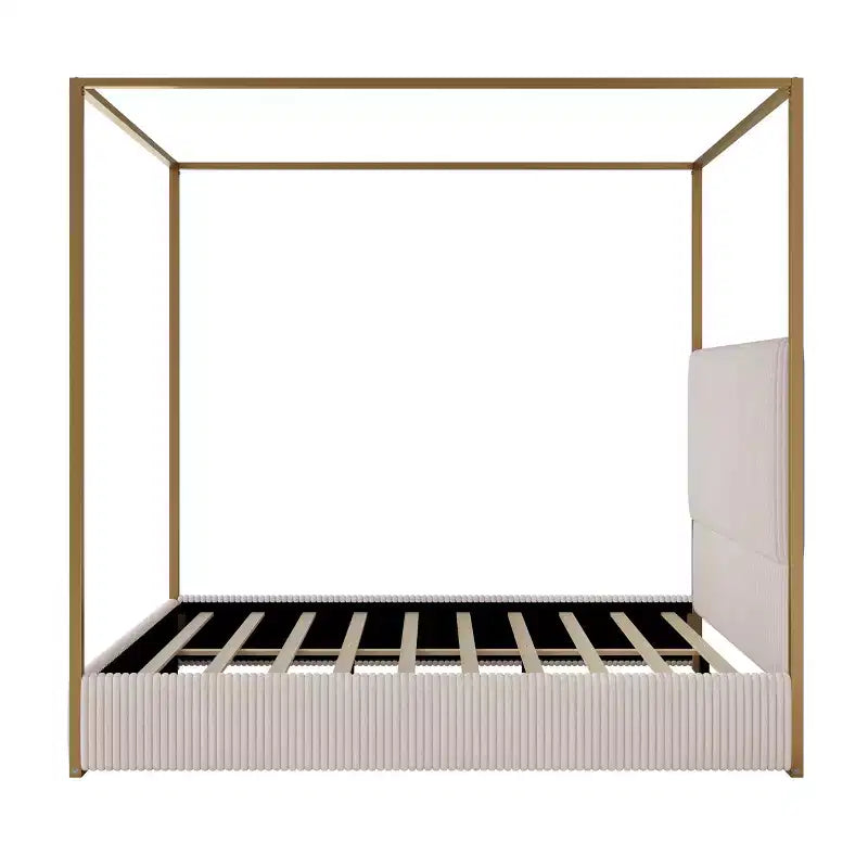 Letto a baldacchino Queen/King Size in Metallo, con testiera alta imbottita in velluto a coste, Beige+Oro/Nero+Bianco-ModernLuxe