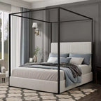 Letto a baldacchino Queen/King Size in Metallo, con testiera alta imbottita in velluto a coste, Beige+Oro/Nero+Bianco-ModernLuxe
