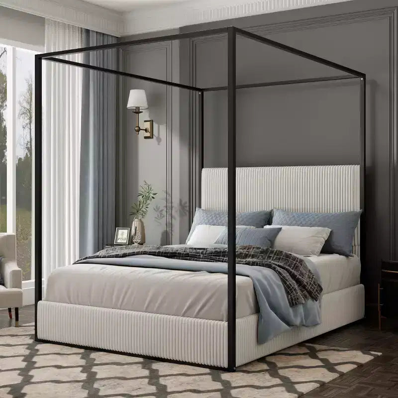 Letto a baldacchino Queen/King Size in Metallo, con testiera alta imbottita in velluto a coste, Beige+Oro/Nero+Bianco-ModernLuxe