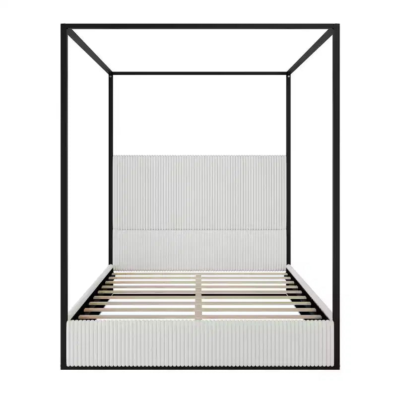 Letto a baldacchino Queen/King Size in Metallo, con testiera alta imbottita in velluto a coste, Beige+Oro/Nero+Bianco-ModernLuxe