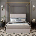 Queen/King Size Canopy Bed Metal 4-Poster Bed Frame with Tall Corduroy Upholstered Headboard, Beige+Gold/Black+White-ModernLuxe