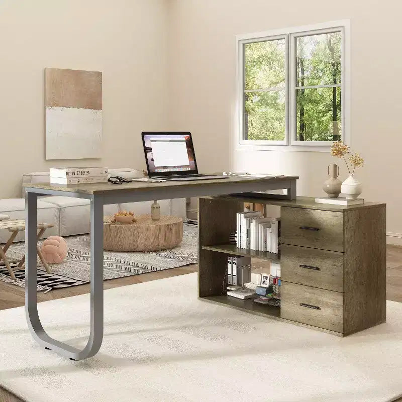 Scrivania da Ufficio a Pedistallo Singolo Famapy: Postazione di Lavoro Modulare con Organizzatore a 3 Cassetti, Ripiano Aperto e Spazio di Archiviazione Regolabile Scrivania per Computer per l'Home Office