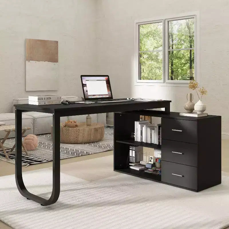 Scrivania da Ufficio a Pedistallo Singolo Famapy: Postazione di Lavoro Modulare con Organizzatore a 3 Cassetti, Ripiano Aperto e Spazio di Archiviazione Regolabile Scrivania per Computer per l'Home Office