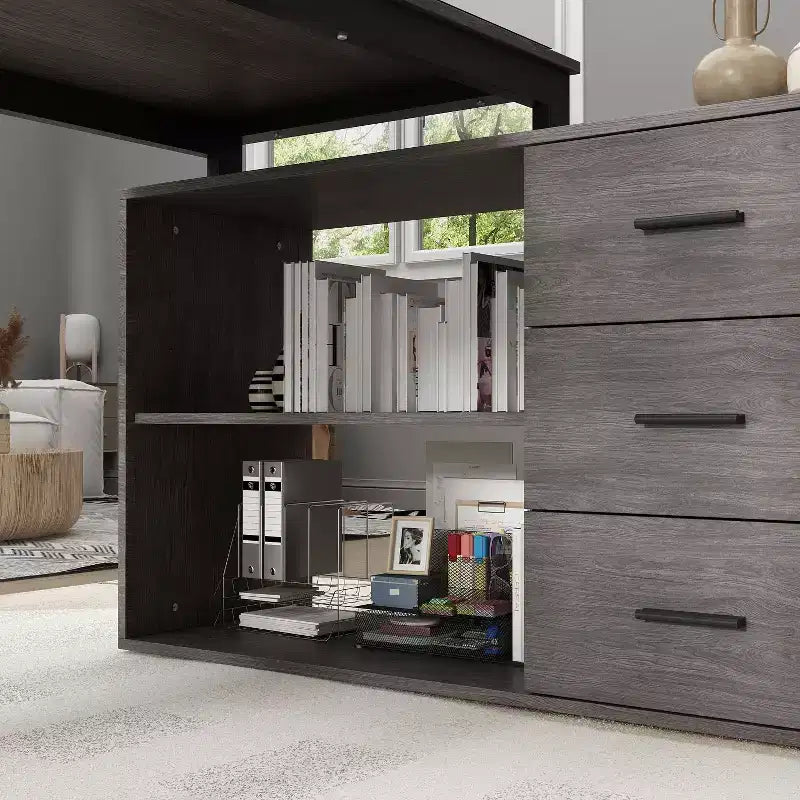 Scrivania da Ufficio a Pedistallo Singolo Famapy: Postazione di Lavoro Modulare con Organizzatore a 3 Cassetti, Ripiano Aperto e Spazio di Archiviazione Regolabile Scrivania per Computer per l'Home Office