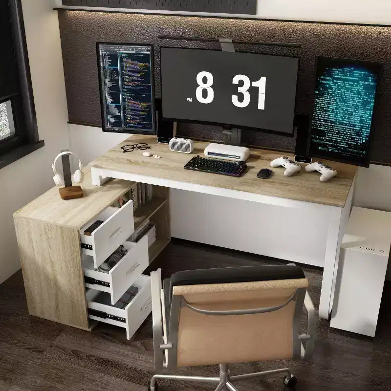 Scrivania da Ufficio a Pedistallo Singolo Famapy: Postazione di Lavoro Modulare con Organizzatore a 3 Cassetti, Ripiano Aperto e Spazio di Archiviazione Regolabile Scrivania per Computer per l'Home Office