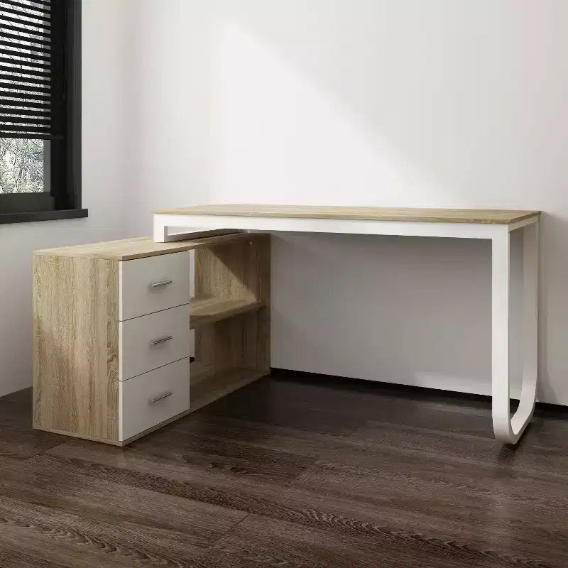 Scrivania da Ufficio a Pedistallo Singolo Famapy: Postazione di Lavoro Modulare con Organizzatore a 3 Cassetti, Ripiano Aperto e Spazio di Archiviazione Regolabile Scrivania per Computer per l'Home Office