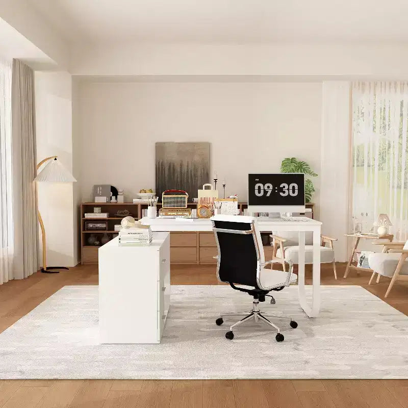 Scrivania da Ufficio a Pedistallo Singolo Famapy: Postazione di Lavoro Modulare con Organizzatore a 3 Cassetti, Ripiano Aperto e Spazio di Archiviazione Regolabile Scrivania per Computer per l'Home Office