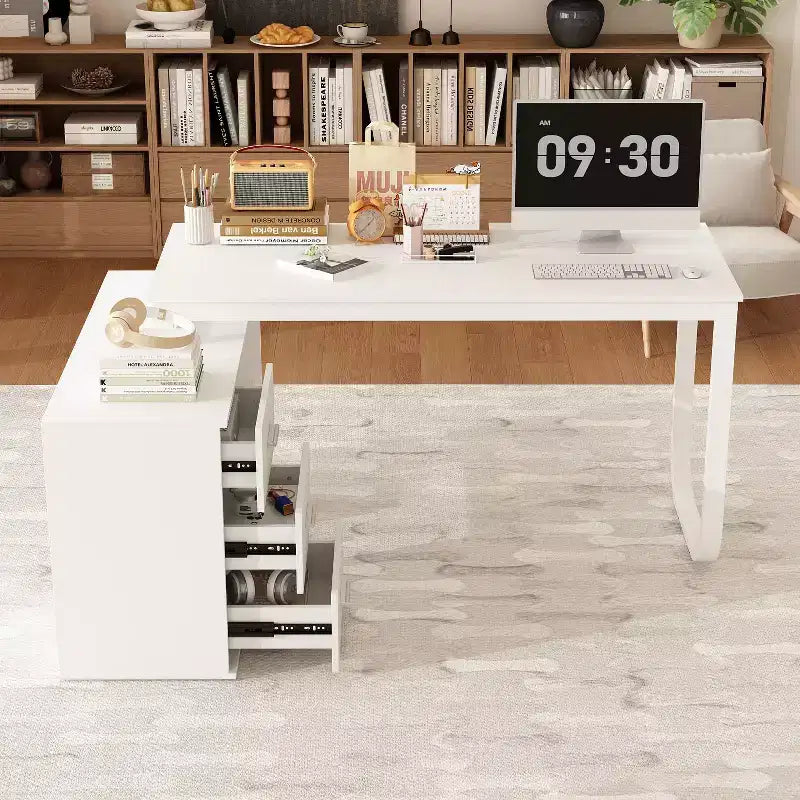 Scrivania da Ufficio a Pedistallo Singolo Famapy: Postazione di Lavoro Modulare con Organizzatore a 3 Cassetti, Ripiano Aperto e Spazio di Archiviazione Regolabile Scrivania per Computer per l'Home Office