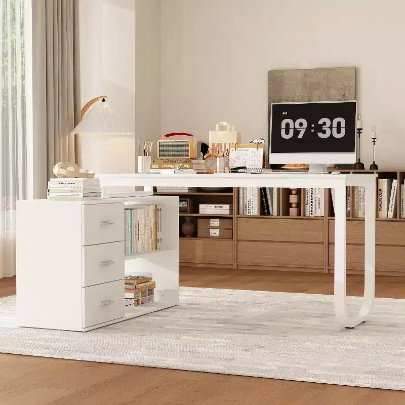 Scrivania da Ufficio a Pedistallo Singolo Famapy: Postazione di Lavoro Modulare con Organizzatore a 3 Cassetti, Ripiano Aperto e Spazio di Archiviazione Regolabile Scrivania per Computer per l'Home Office