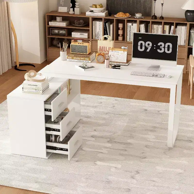 Scrivania da Ufficio a Pedistallo Singolo Famapy: Postazione di Lavoro Modulare con Organizzatore a 3 Cassetti, Ripiano Aperto e Spazio di Archiviazione Regolabile Scrivania per Computer per l'Home Office