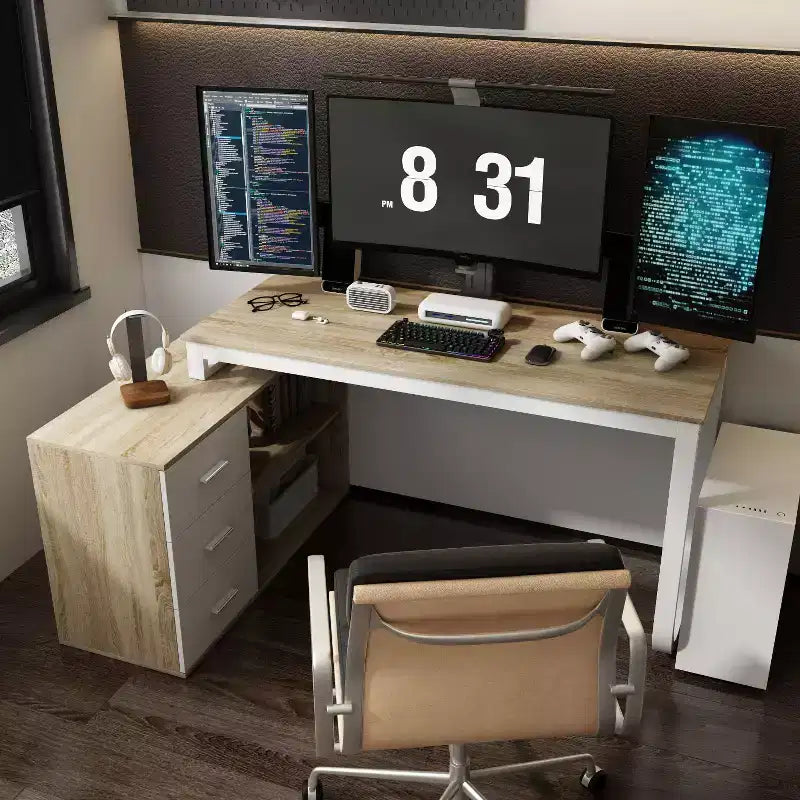 Famapy Single Pedestal Office Desk: Modular Workstation with 3-Drawer Organizer, Open Shelf & Adjustable Storage  Home Office Computer Desk