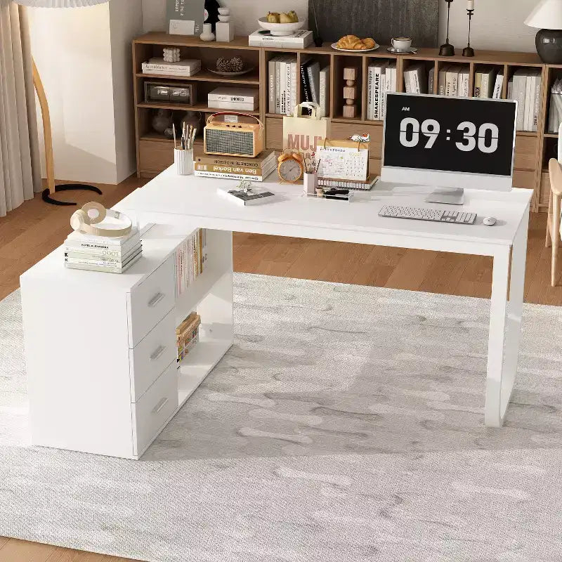 Bureau individuel Famapy : poste de travail modulaire avec organisateur à 3 tiroirs, étagère ouverte et rangement réglable - bureau d'ordinateur pour la maison