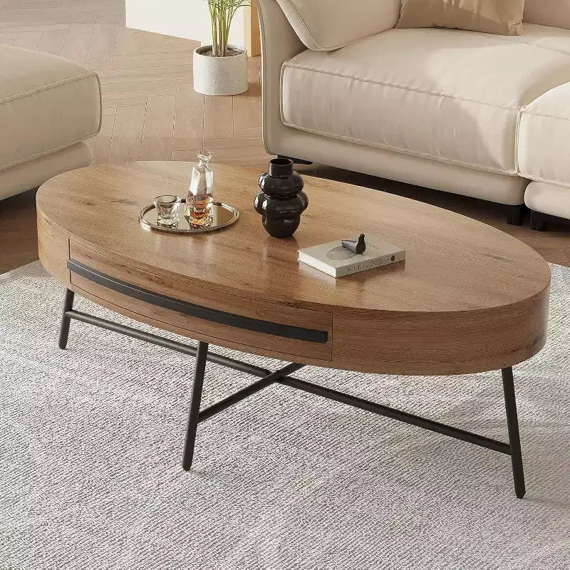 Tavolino Ovale Acekool con Cassetto, Tavolo da Appoggio in Legno da 120 cm con Gambe in Metallo a Croce, Tavolino da Salotto Moderno di Metà Secolo in Salice Naturale e Dorato