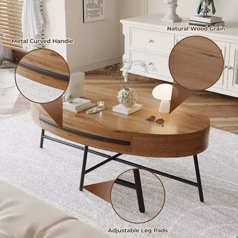 Tavolino Ovale Acekool con Cassetto, Tavolo da Appoggio in Legno da 120 cm con Gambe in Metallo a Croce, Tavolino da Salotto Moderno di Metà Secolo in Salice Naturale e Dorato