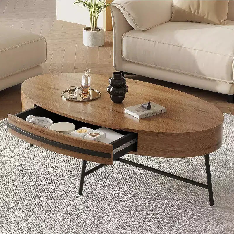Tavolino Ovale Acekool con Cassetto, Tavolo da Appoggio in Legno da 120 cm con Gambe in Metallo a Croce, Tavolino da Salotto Moderno di Metà Secolo in Salice Naturale e Dorato