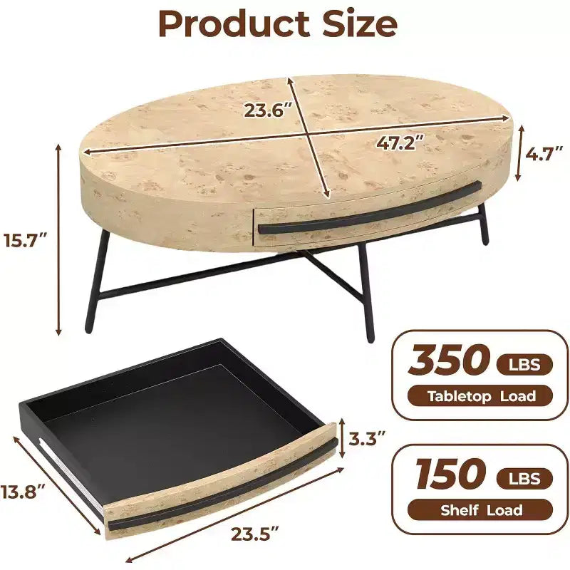Tavolino Ovale Acekool con Cassetto, Tavolo da Appoggio in Legno da 120 cm con Gambe in Metallo a Croce, Tavolino da Salotto Moderno di Metà Secolo in Salice Naturale e Dorato