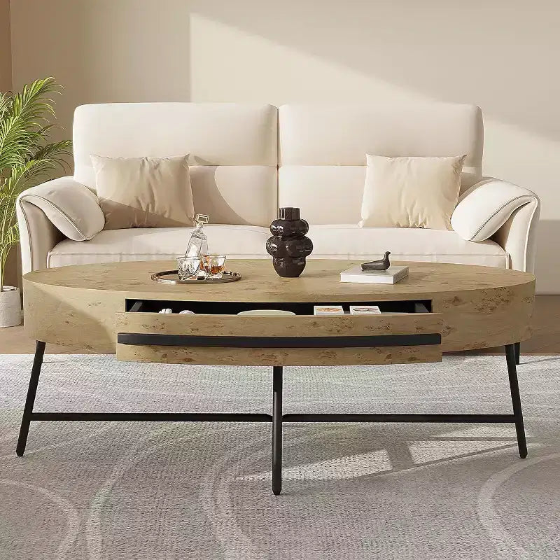 Tavolino Ovale Acekool con Cassetto, Tavolo da Appoggio in Legno da 120 cm con Gambe in Metallo a Croce, Tavolino da Salotto Moderno di Metà Secolo in Salice Naturale e Dorato