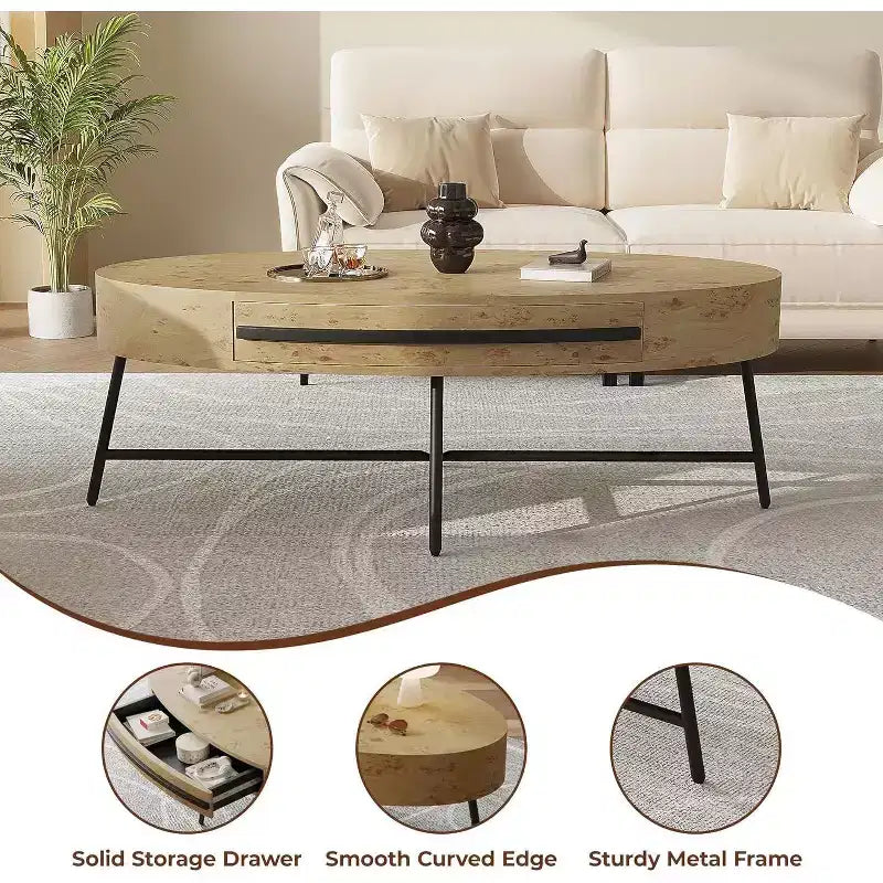 Tavolino Ovale Acekool con Cassetto, Tavolo da Appoggio in Legno da 120 cm con Gambe in Metallo a Croce, Tavolino da Salotto Moderno di Metà Secolo in Salice Naturale e Dorato