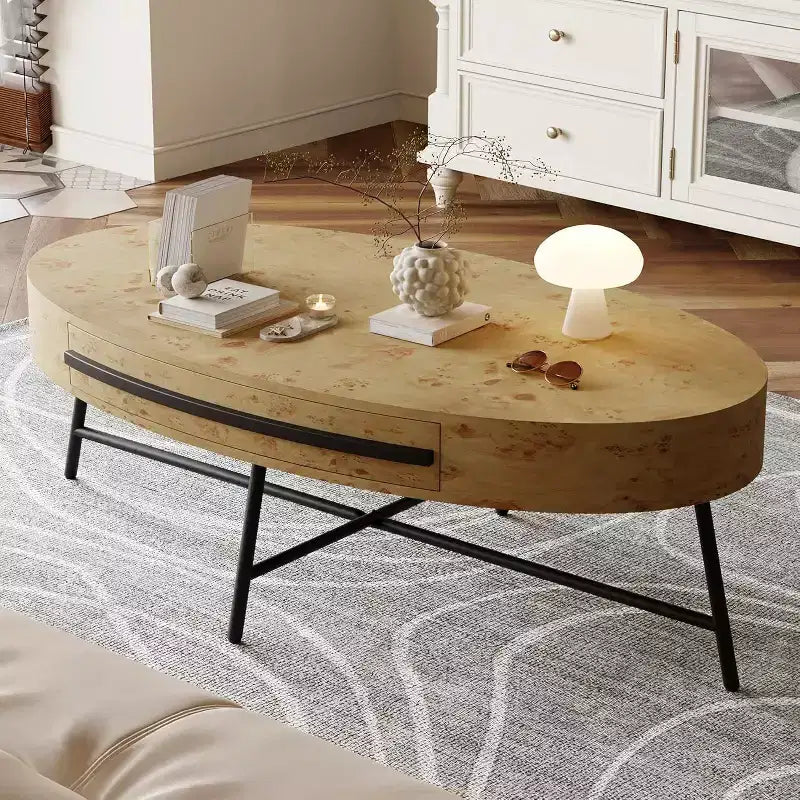 Tavolino Ovale Acekool con Cassetto, Tavolo da Appoggio in Legno da 120 cm con Gambe in Metallo a Croce, Tavolino da Salotto Moderno di Metà Secolo in Salice Naturale e Dorato