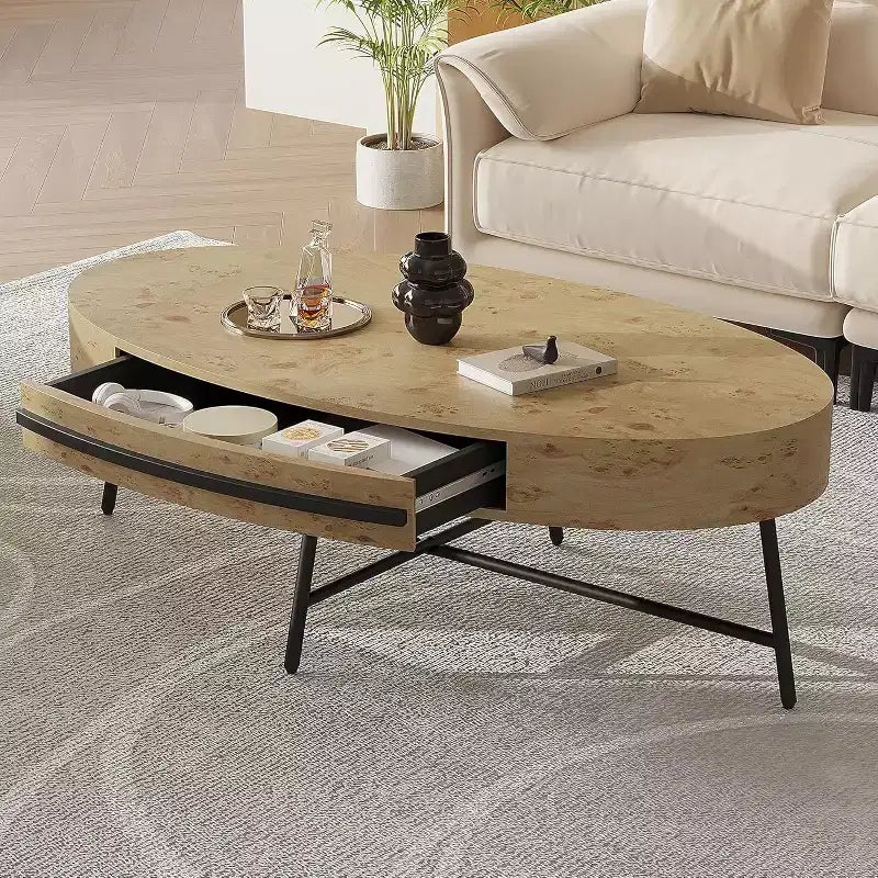 Tavolino Ovale Acekool con Cassetto, Tavolo da Appoggio in Legno da 120 cm con Gambe in Metallo a Croce, Tavolino da Salotto Moderno di Metà Secolo in Salice Naturale e Dorato