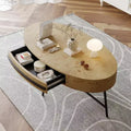 Acekool Oval Coffee Table with Drawer, 47.2 Wooden Storage Table with Cross Metal Legs  Mid-Century Modern Center Table in Natural & Golden Willow