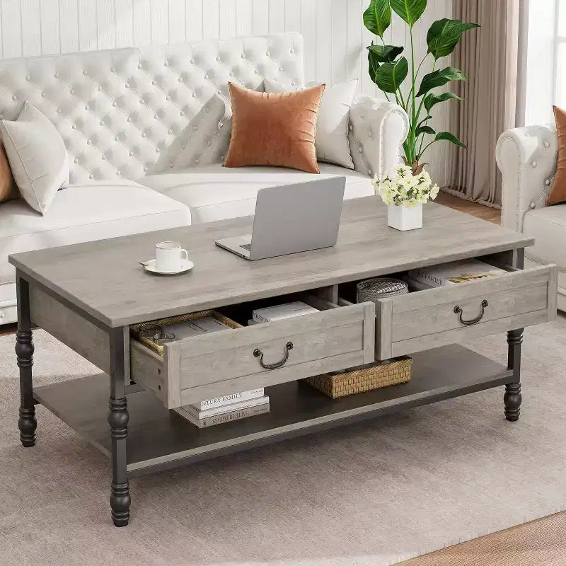 Acekool 41 Rectangular Coffee Table with Drawers, Rustic Brown Mid-Century Storage Cocktail Table with Metal Legs for Living Room & Office