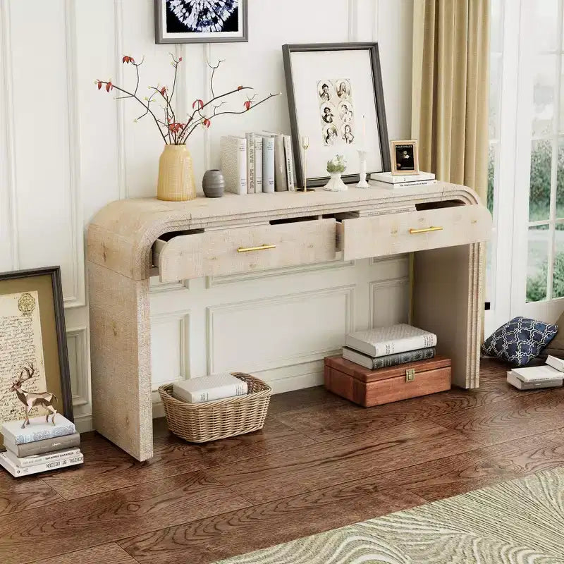 Console Rétro Unique avec Silhouette Ouverte, Deux Tiroirs Supérieurs (Finition Bois Naturel)