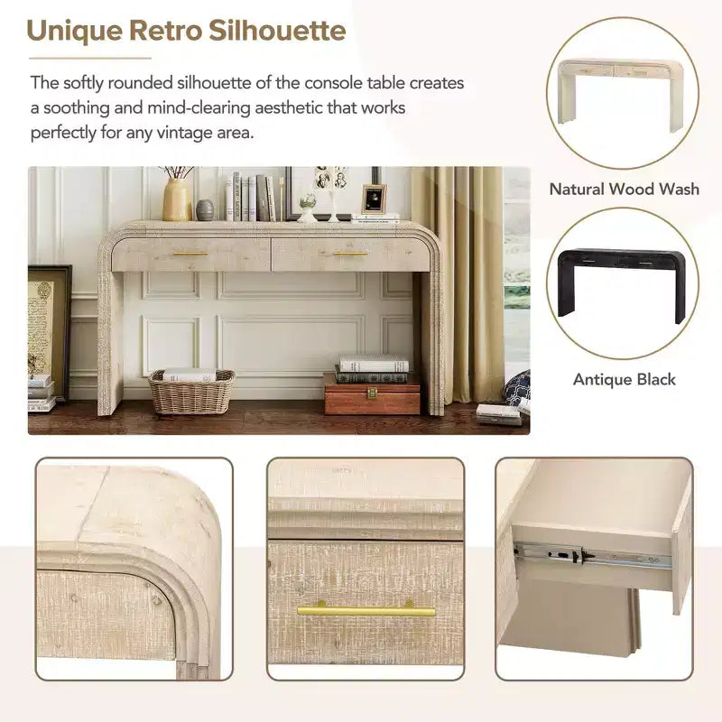 Console Rétro Unique avec Silhouette Ouverte, Deux Tiroirs Supérieurs (Finition Bois Naturel)