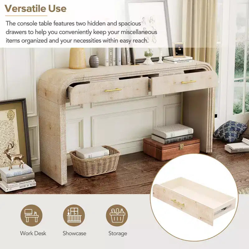 Tavolo Consolle con Silhouette Retro Unica e Stile Aperto, Due Cassetti Superiori (Finitura Legno Naturale)