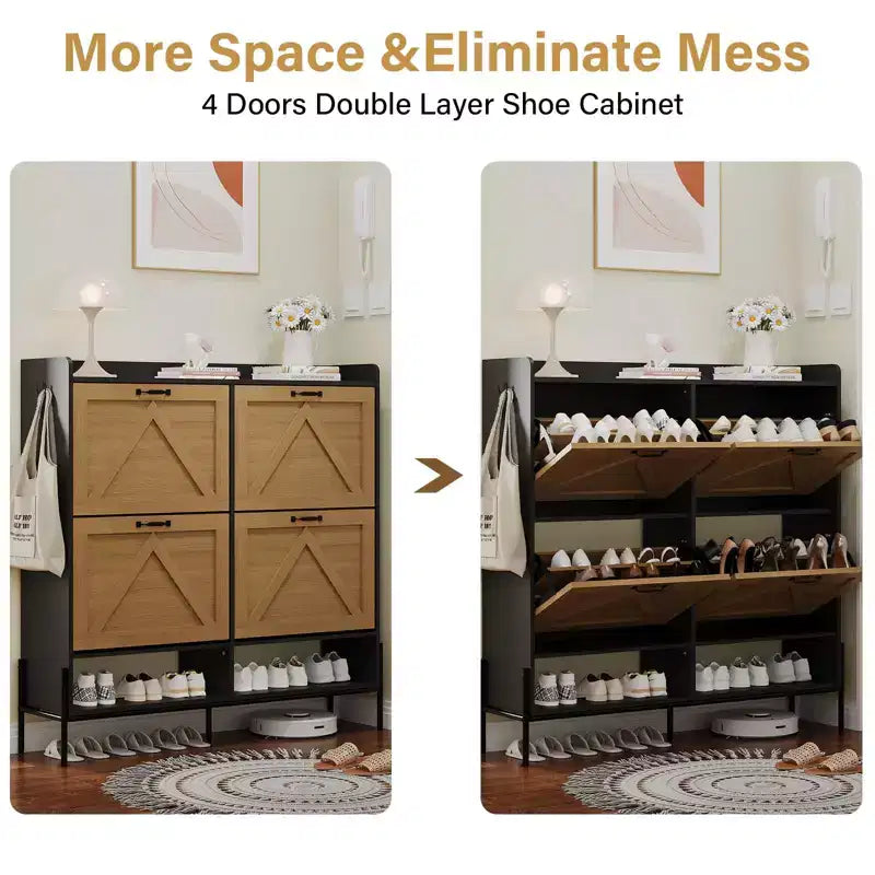 Meuble à chaussures avec 4 tiroirs basculants - Organisateur de rangement de chaussures autoportant pour l'entrée, Organisateur de chaussures avec séparation sec et humide et pieds en métal