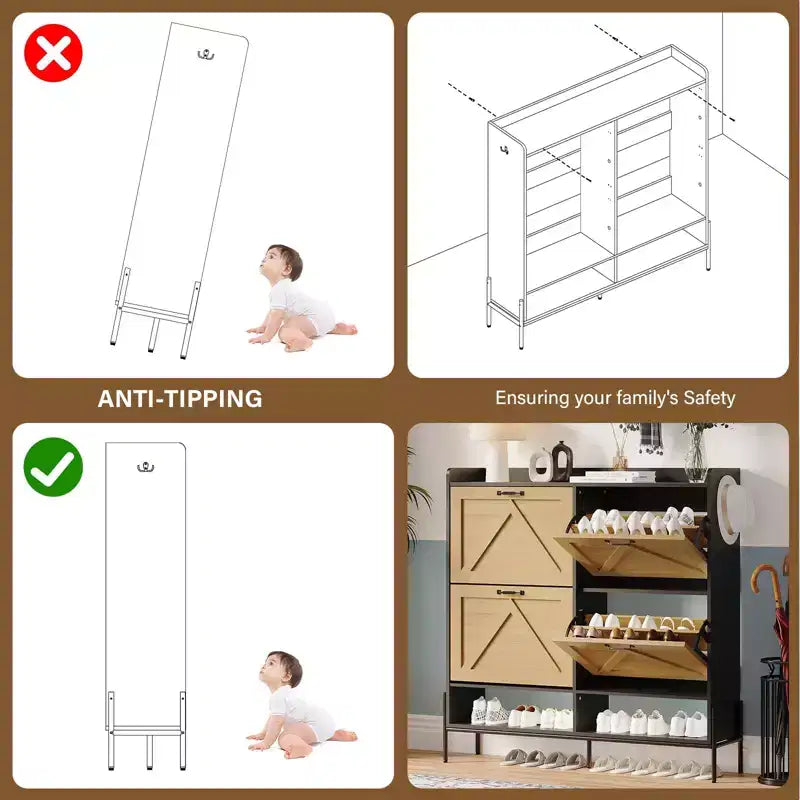 Meuble à chaussures avec 4 tiroirs basculants - Organisateur de rangement de chaussures autoportant pour l'entrée, Organisateur de chaussures avec séparation sec et humide et pieds en métal