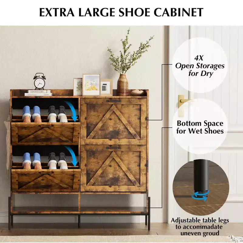 Meuble à chaussures avec 4 tiroirs basculants - Organisateur de rangement de chaussures autoportant pour l'entrée, Organisateur de chaussures avec séparation sec et humide et pieds en métal