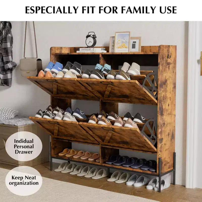 Meuble à chaussures avec 4 tiroirs basculants - Organisateur de rangement de chaussures autoportant pour l'entrée, Organisateur de chaussures avec séparation sec et humide et pieds en métal