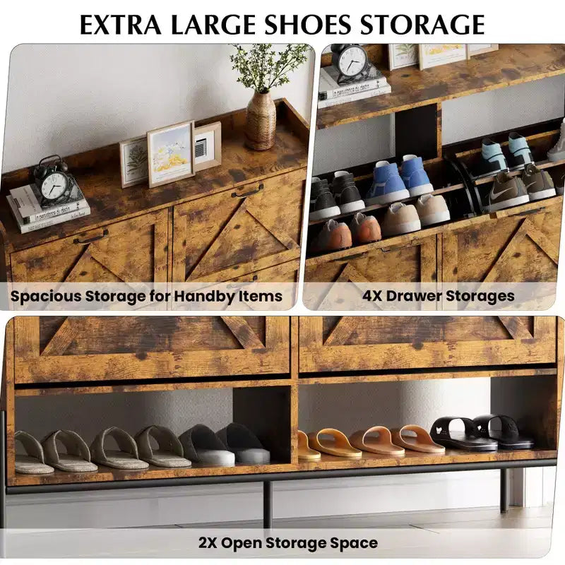 Meuble à chaussures avec 4 tiroirs basculants - Organisateur de rangement de chaussures autoportant pour l'entrée, Organisateur de chaussures avec séparation sec et humide et pieds en métal