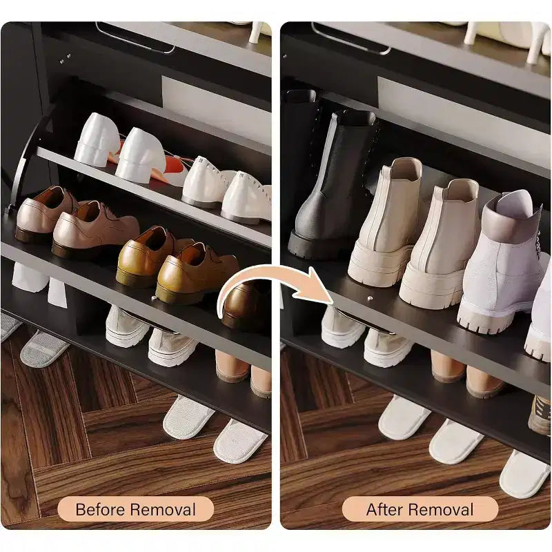 Meuble à chaussures avec 4 tiroirs basculants - Organisateur de rangement de chaussures autoportant pour l'entrée, Organisateur de chaussures avec séparation sec et humide et pieds en métal