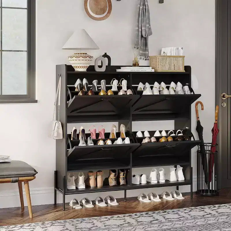 Meuble à chaussures avec 4 tiroirs basculants - Organisateur de rangement de chaussures autoportant pour l'entrée, Organisateur de chaussures avec séparation sec et humide et pieds en métal