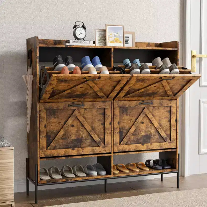 Meuble à chaussures avec 4 tiroirs basculants - Organisateur de rangement de chaussures autoportant pour l'entrée, Organisateur de chaussures avec séparation sec et humide et pieds en métal