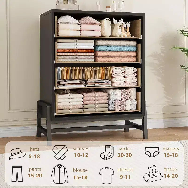 Comò Alto 38.6", Cassettiera a 4 Cassetti per Camera da Letto, Armadio in Legno, Contenitore Autoportante, per Soggiorno, Camera da Letto