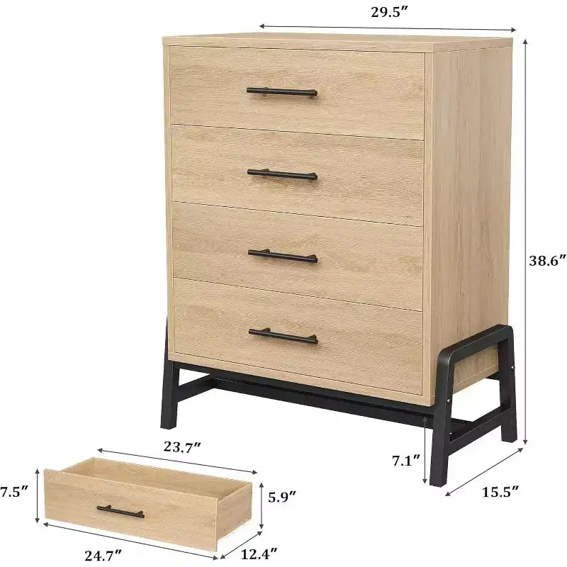 Commode haute 38,6 po, Commode 4 tiroirs pour chambre, Commode de rangement en bois, Rangement autoportant, pour salon, chambre à coucher
