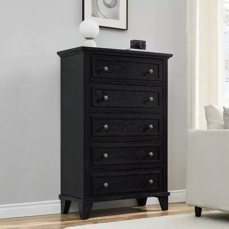 Acekool Cassettiera alta bianca da 122 cm, comò a 5 cassetti per camera da letto, armadietto contenitore vintage per cabina armadio, soggiorno, corridoio