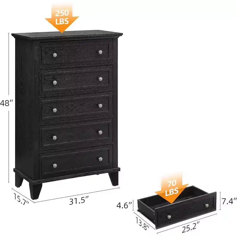 Acekool Cassettiera alta bianca da 122 cm, comò a 5 cassetti per camera da letto, armadietto contenitore vintage per cabina armadio, soggiorno, corridoio