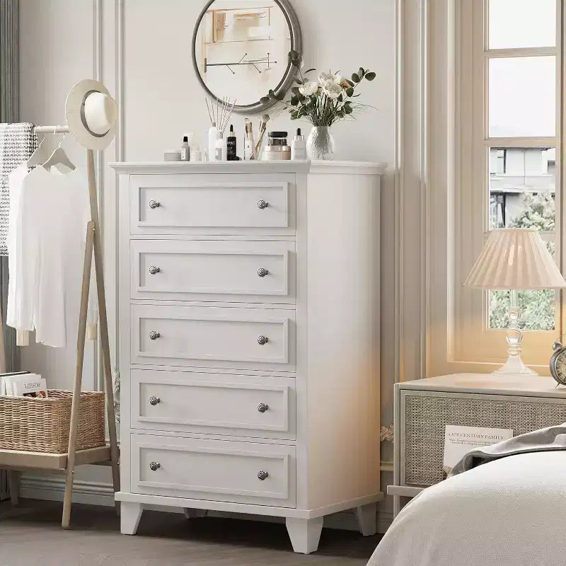 Acekool Cassettiera alta bianca da 122 cm, comò a 5 cassetti per camera da letto, armadietto contenitore vintage per cabina armadio, soggiorno, corridoio