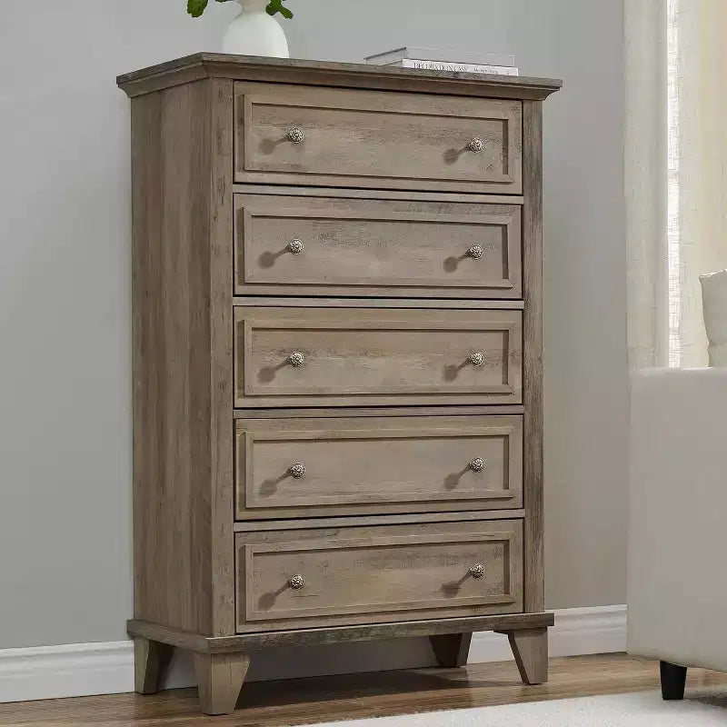 Acekool Cassettiera alta bianca da 122 cm, comò a 5 cassetti per camera da letto, armadietto contenitore vintage per cabina armadio, soggiorno, corridoio