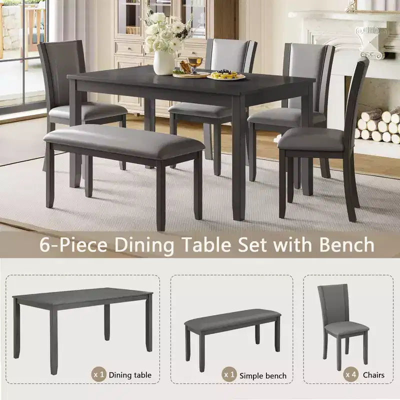 Set da Pranzo da 6 Pezzi con Panca e Sedie, Set da Tavolo da Pranzo in Legno per 6 Persone, Set da Tavolo da Pranzo Moderno per 6 Persone per Sala da Pranzo, Cucina