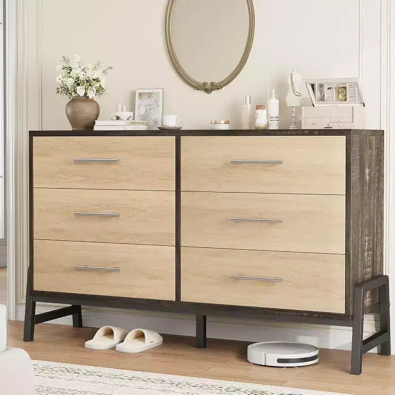 Dresser with 6 Drawers, TV Stand, Freestanding Wide Drawer Wooden Storage Cabinet for Living Room, Bedroom, Entryway