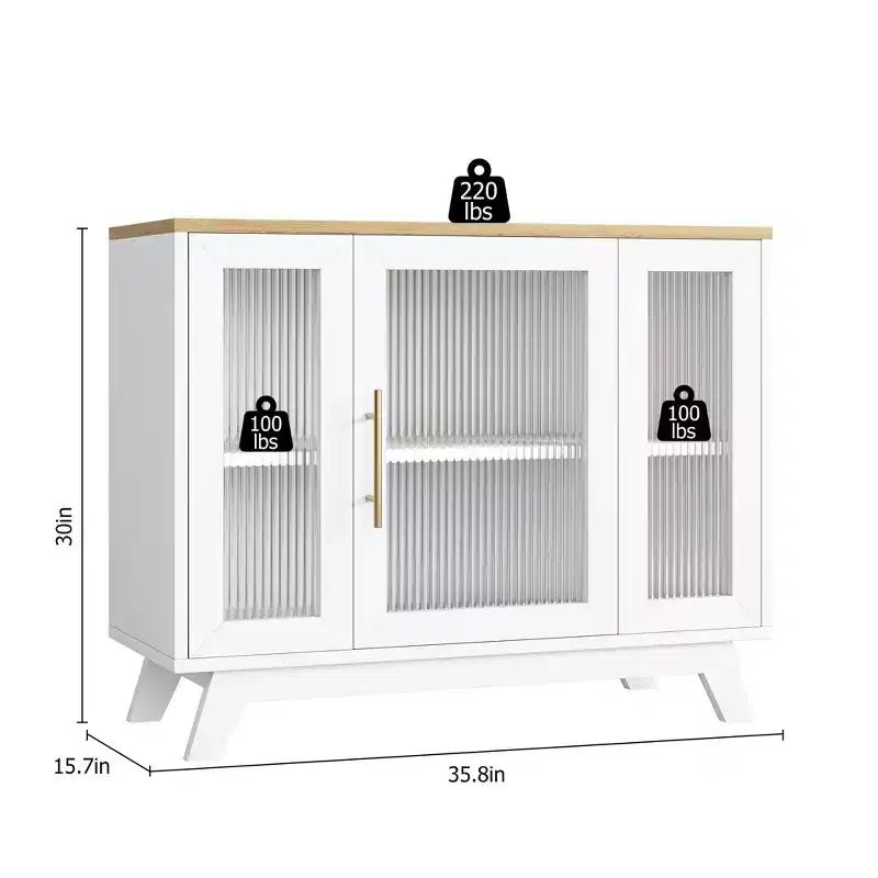 Buffet moderne de 91 cm avec portes en verre cannelé, étagères réglables, meuble décoratif pour cuisine, salon