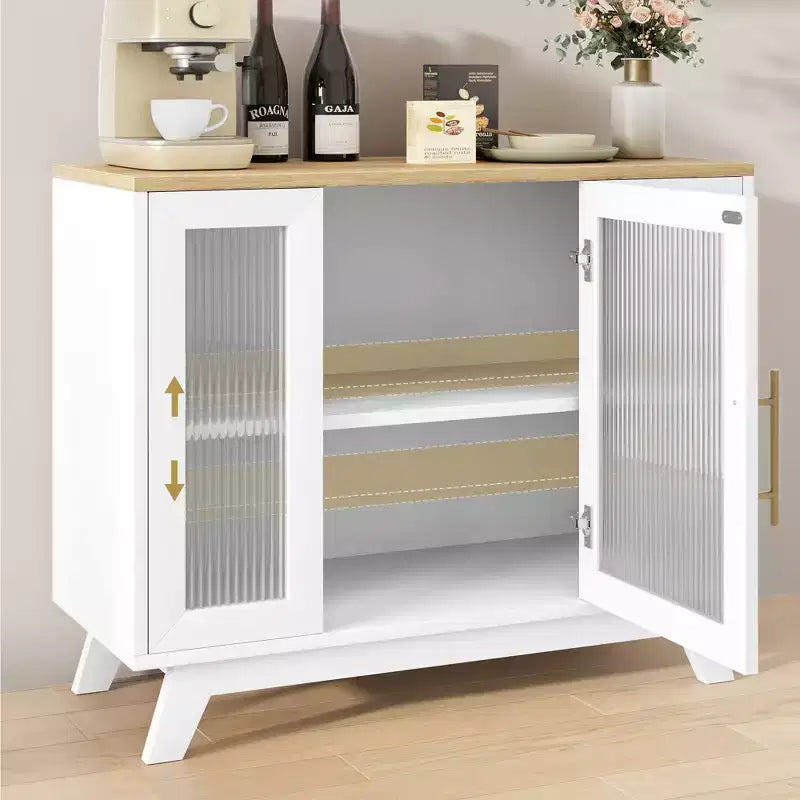 Buffet moderne de 91 cm avec portes en verre cannelé, étagères réglables, meuble décoratif pour cuisine, salon