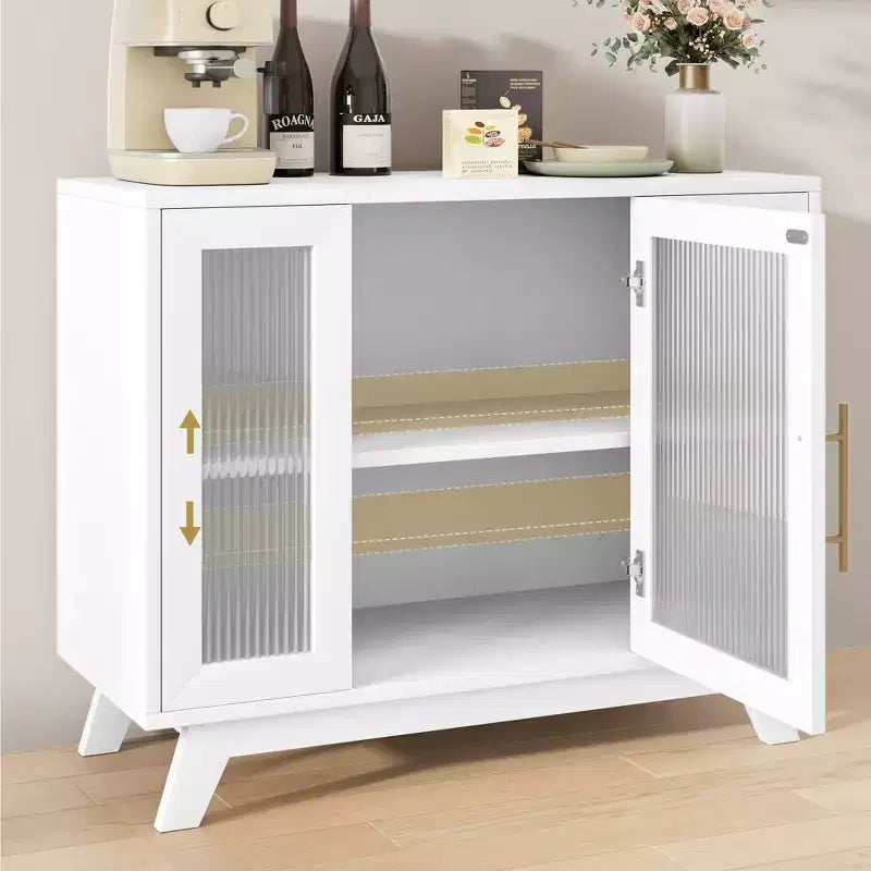 Buffet moderne de 91 cm avec portes en verre cannelé, étagères réglables, meuble décoratif pour cuisine, salon